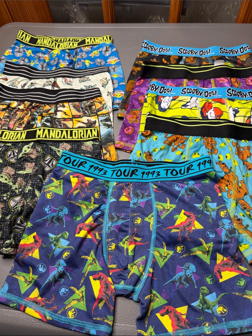 Kid’s Themed Boxer Briefs (9 pair). Mandalorian, Scooby, and Jurassic Park